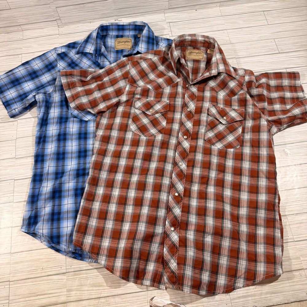 Wrangler Western Shirts Mens Large Bundle 2 Plaid Pearl Snap Short Sleeve